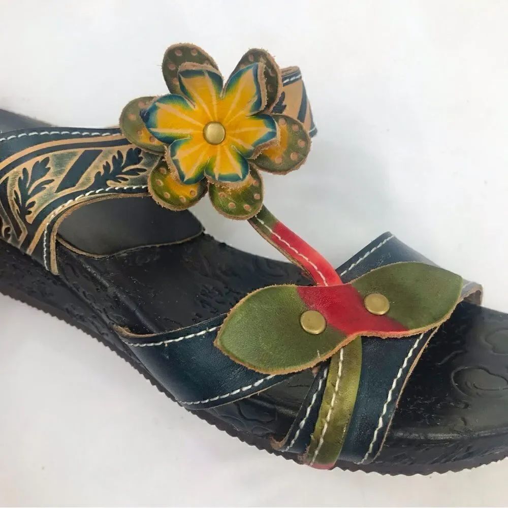 Spring Step Tooled Leather Colorful Flower Slip On Wedge Sandals - Picture 9 of 13